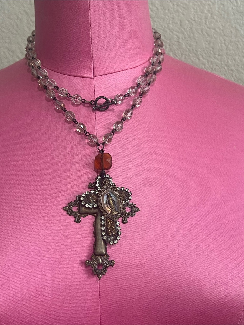 Vintage-Inspired Clear Bead Necklace with Bronze Cross Pendant
